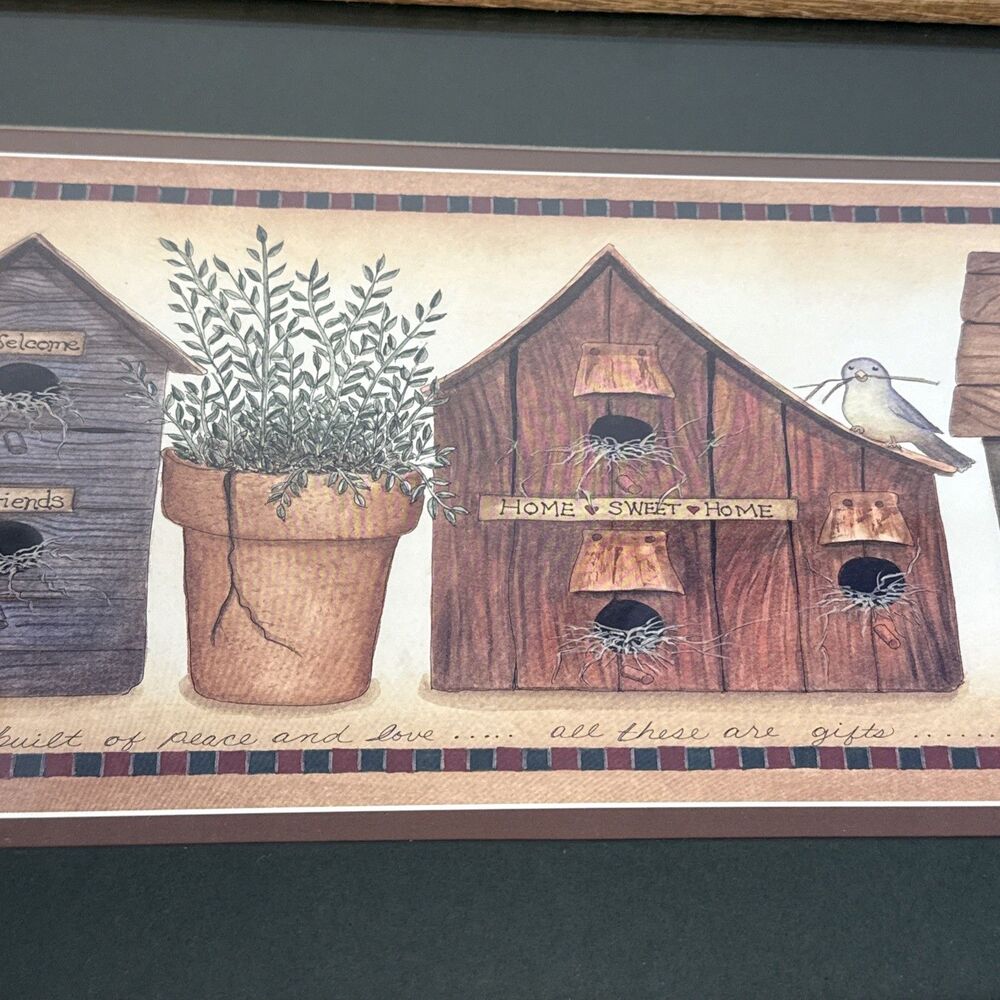Linda Spivey Art Print Wood Framed Birdhouse w/Potted Plant 23" x 13” God Bless - Picture 3 of 9